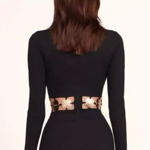 STAUD BLACK DELPHINE GOLD LOGO COIN CUTOUT MAXI DRESS BLACK SZ 8 LONG SLEEVE - Picture 9 of 15